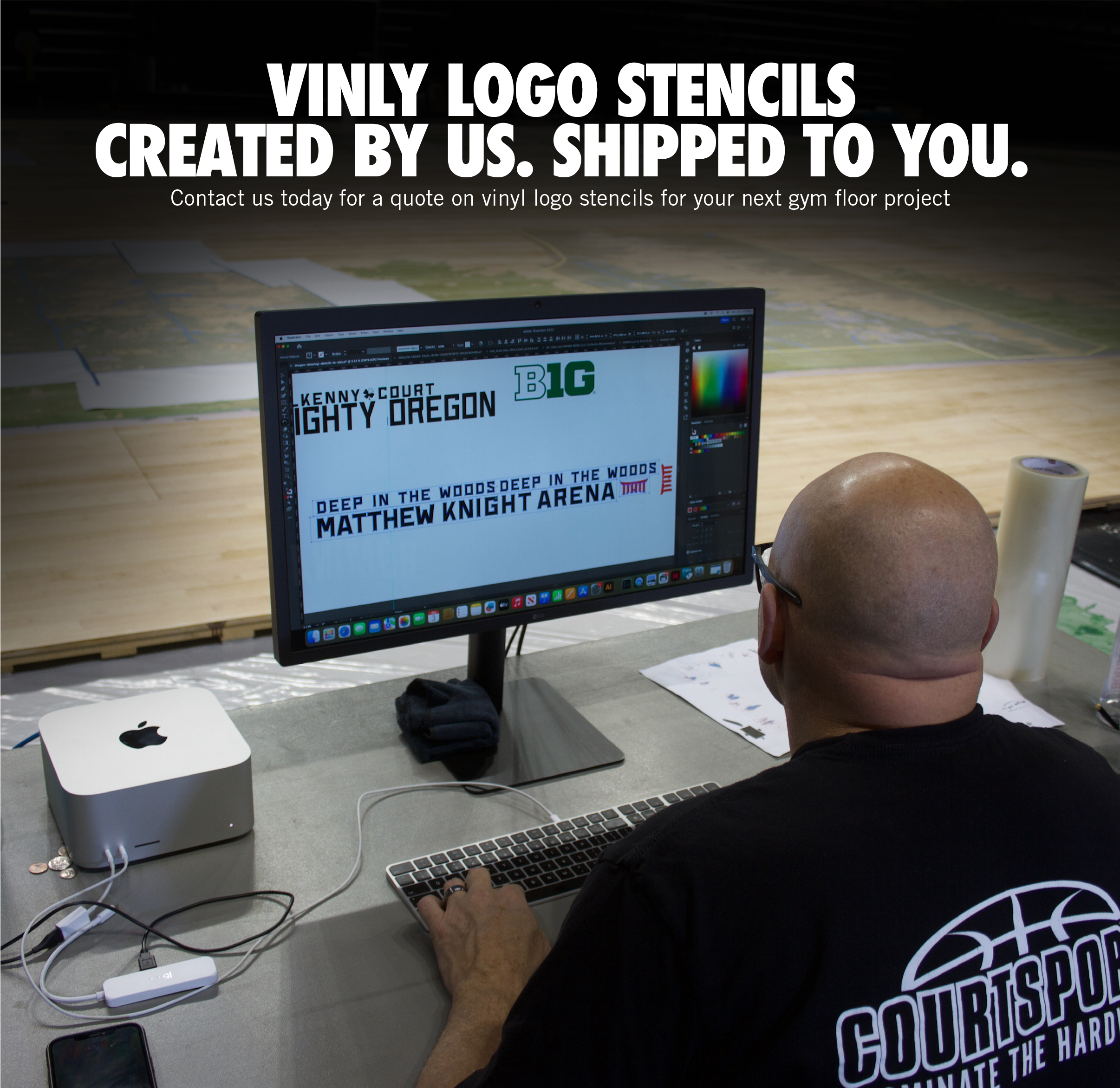 Learn more about vinyl logo stencils for basketball court floor painting.  Created by us. Shipped to you!