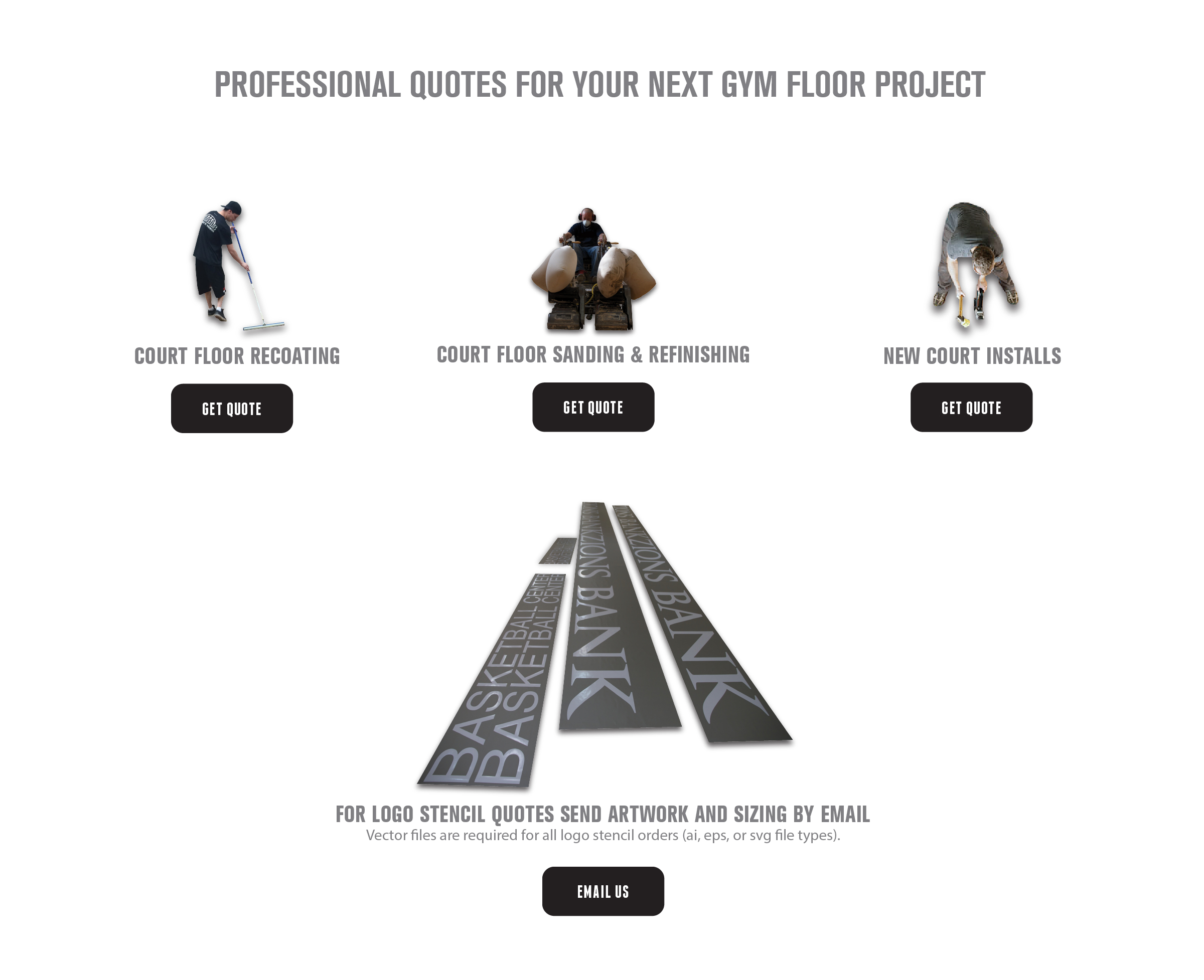 Get a quote on your next gym flooring project.  We build new courts, sand and refinish existing courts, paint game lines and logos, and provide annual recoating.  