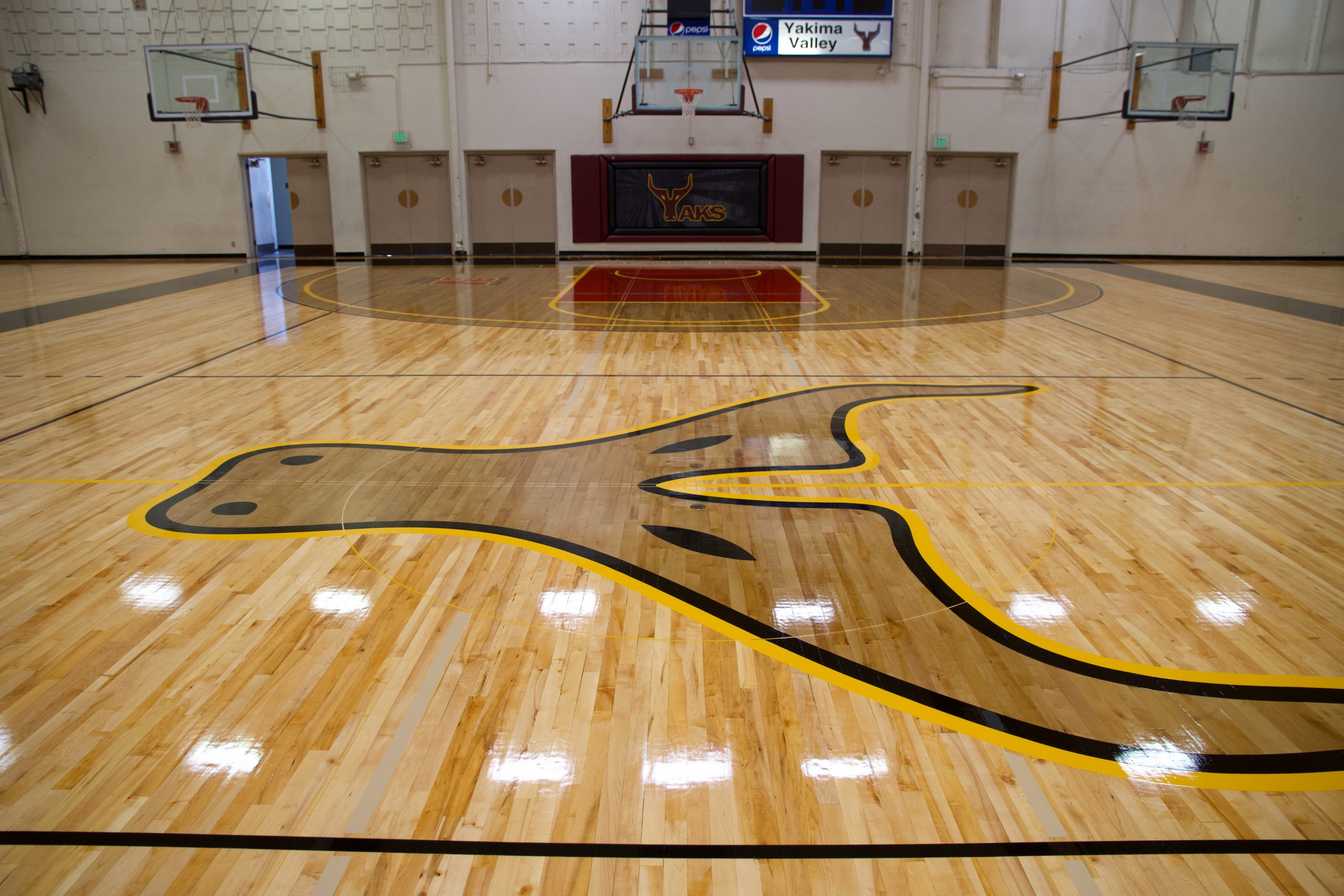 Yakima Valley College, Yakima, WA - Center logo of basketball court that was tinted using a medium brown.