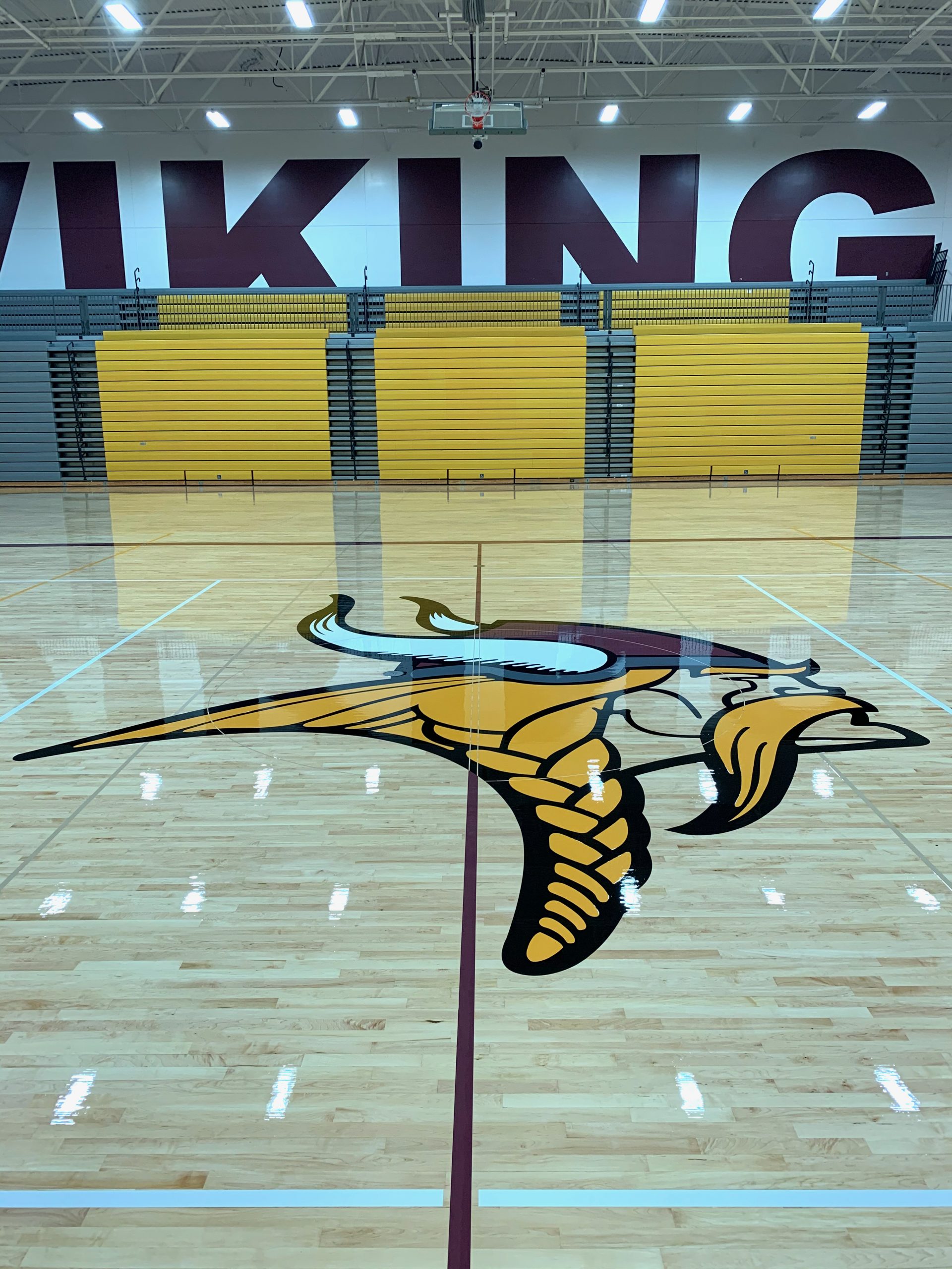 Forest Grove HS - full sanding & refinishing of their basketball gym floor. Followed by sealing with two coats of hybrid sealer, paint game lines and logos, followed by two coats of our Polydefender Gloss Finish.