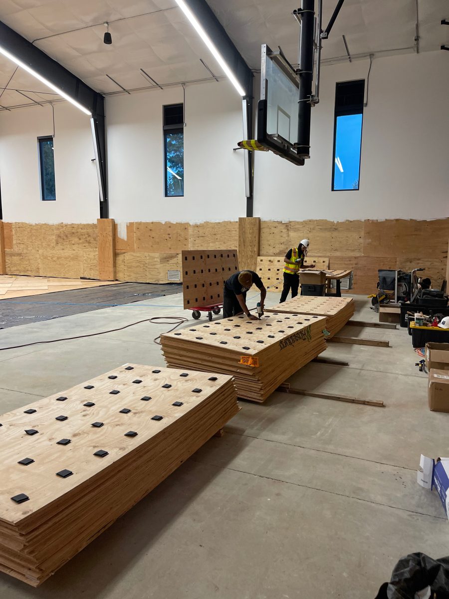 New NBA home court installed for an NBA player who played for the Portland Trail Blazers. Full NBA court sub floor, new maple flooring installed, sanded, sealed, game lines and logos painted