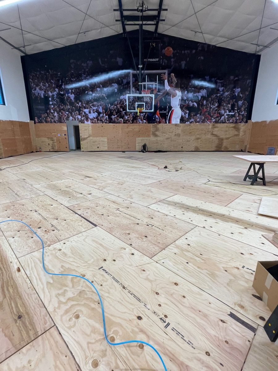 New NBA home court installed for an NBA player who played for the Portland Trail Blazers. Full NBA court sub floor, new maple flooring installed, sanded, sealed, game lines and logos painted
