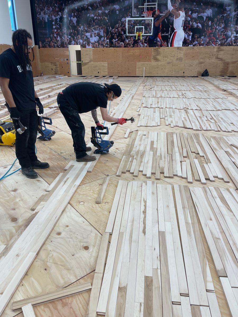 New NBA home court installed for an NBA player who played for the Portland Trail Blazers. Full NBA court sub floor, new maple flooring installed, sanded, sealed, game lines and logos painted