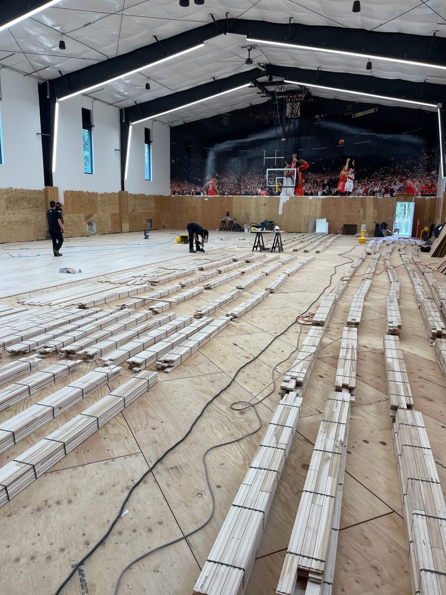 New NBA home court installed for an NBA player who played for the Portland Trail Blazers. Full NBA court sub floor, new maple flooring installed, sanded, sealed, game lines and logos painted