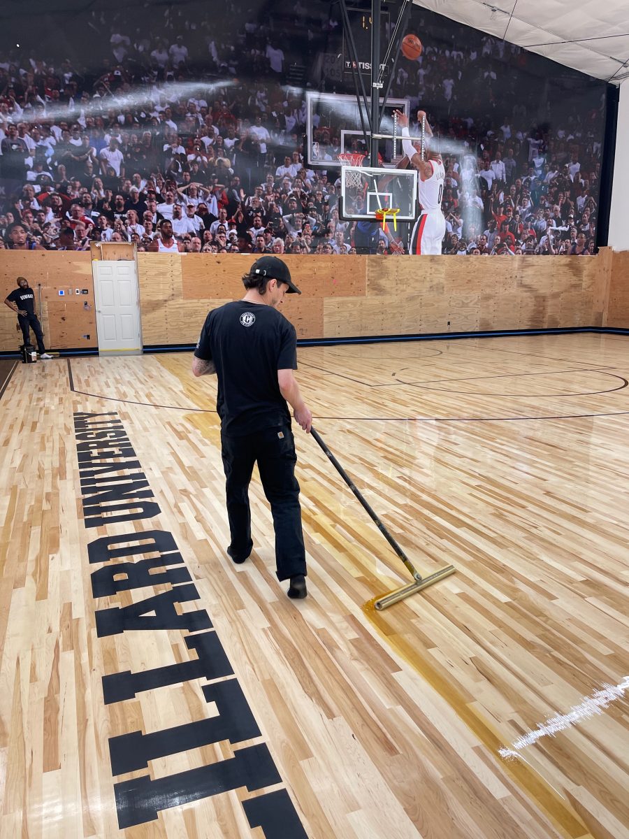 New NBA home court installed for an NBA player who played for the Portland Trail Blazers. Full NBA court sub floor, new maple flooring installed, sanded, sealed, game lines and logos painted