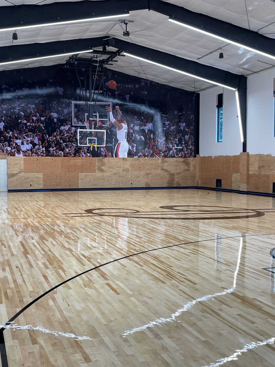 New NBA home court installed for an NBA player who played for the Portland Trail Blazers. Full NBA court sub floor, new maple flooring installed, sanded, sealed, game lines and logos painted