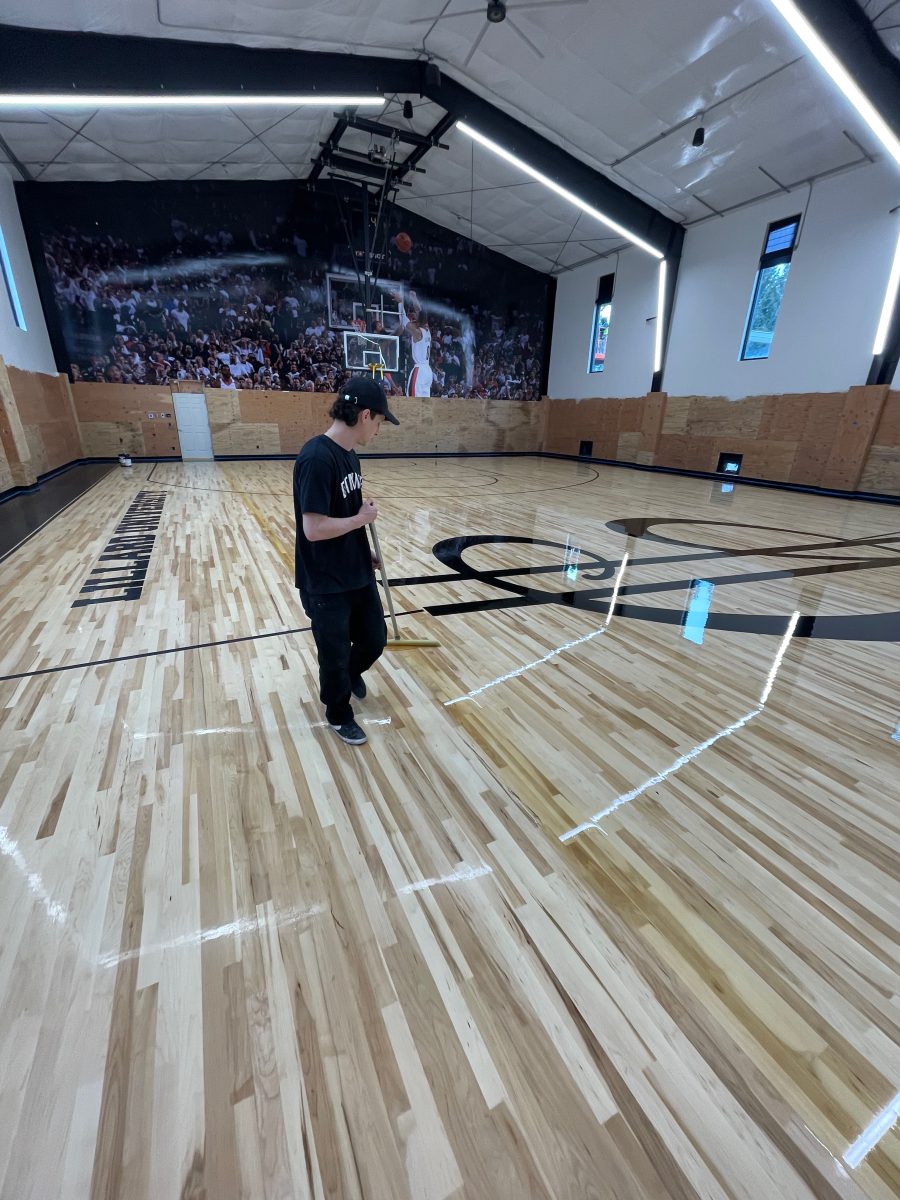 New NBA home court installed for an NBA player who played for the Portland Trail Blazers. Full NBA court sub floor, new maple flooring installed, sanded, sealed, game lines and logos painted