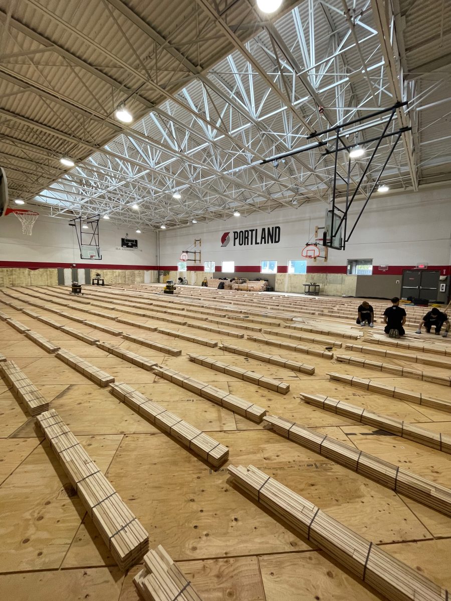 Portland Trail Blazers Boys & Girls Club new maple basketball and volleyball court installed, sanded, painted, and refinished by COURTSPORTS.