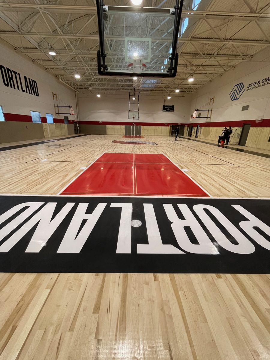 Portland Trail Blazers baseline view of the lettering painted by COURTSPORTS.